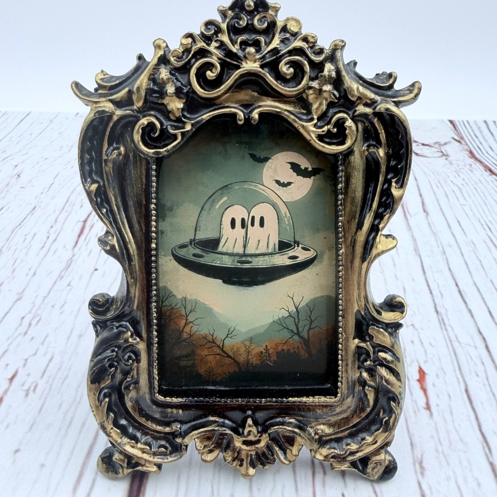 Ghost UFO Original Print Art in Ornate Gold Black Baroque Easel Frame 4.5 inch